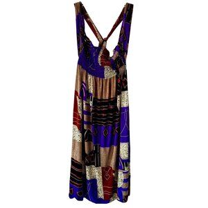 Silk Blend Colorful Abstract Print Halter Dress Smocked Bodice Tie Back Medium